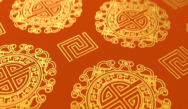 3d渲染中国金色经典吉祥图案中国新年背景微透镜。祝你好运。好运气。春节卷轴图片下载