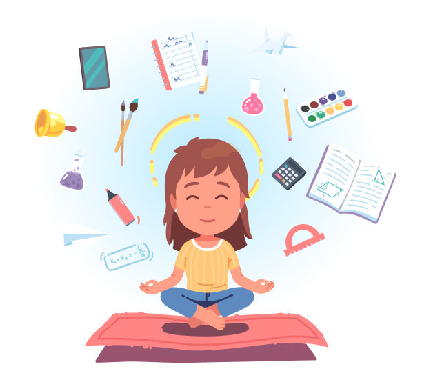女孩学生孩子冥想与文具飞来飞去的概念。一个女学生坐在莲花姿势放松周围的钢笔，笔记本，铅笔。教育压力缓解平面矢量插图图片下载