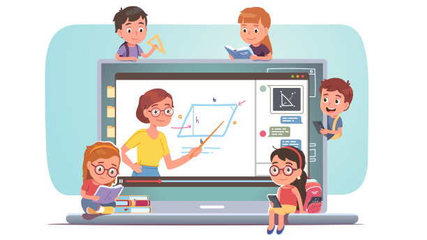 远程教育课程理念。孩子们在笔记本电脑上观看远程交互式在线网络课程与聊天。老师讲解，孩子们远程学习。平面向量插图图片下载