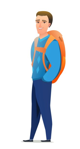 人旅游背包客。背着背包的家伙。开朗的人。站立姿势。卡通漫画风格平面设计。单个的字符。孤立在白色背景上的插图。向量图片下载