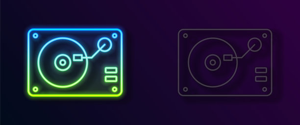 发光的霓虹灯线乙烯基播放器与乙烯基磁盘图标孤立在黑色的背景。向量图片下载