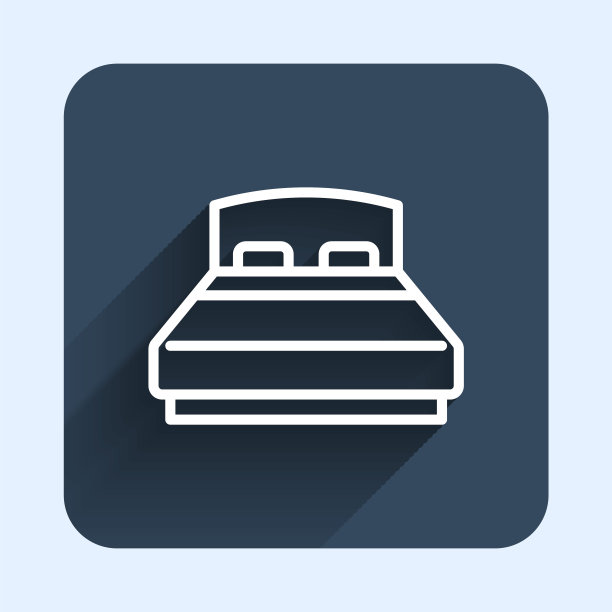 白线大床为两人或一人图标孤立与长阴影背景。蓝色方块按钮。向量图片下载