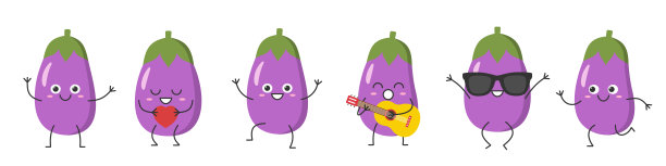 设置茄子问候跳跃爱唱歌运行可爱的性格卡通脸微笑快乐喜悦情绪蔬菜茄子图标儿童矢量插图。图片下载