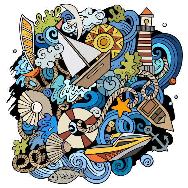 海洋手绘矢量涂鸦插图。有趣的图片颜色。图片下载