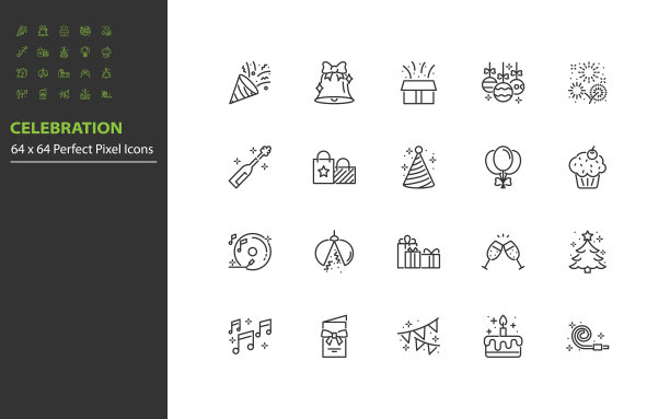 一套庆祝线图标，派对，新年图片下载