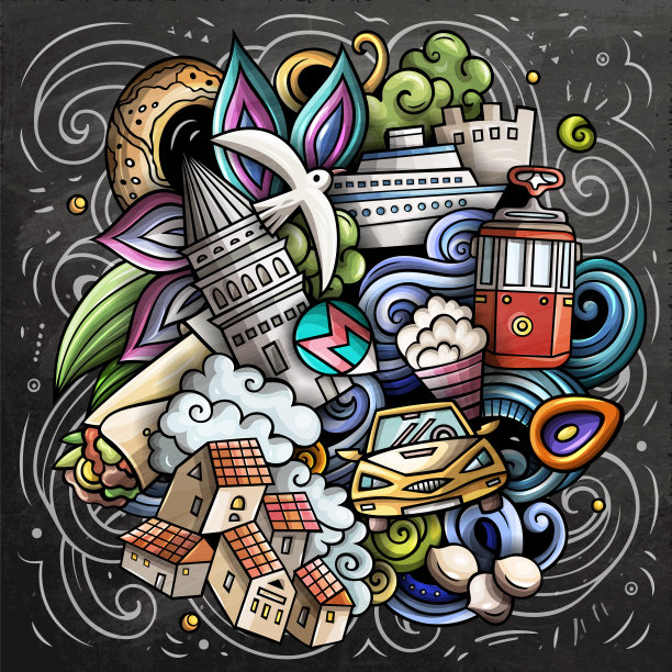 伊斯坦布尔卡通矢量涂鸦黑板插图图片下载