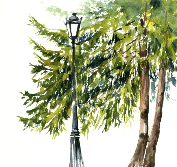 水彩画树和街灯图片下载