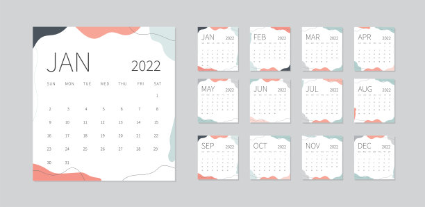 2022年日历模板。上周星期天开始。最小日历计划设计。时尚编辑。矢量图图片下载