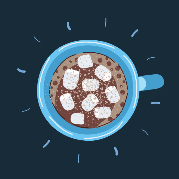 矢量插图的杯子装满热巧克力和棉花糖在黑暗的背景。图片下载