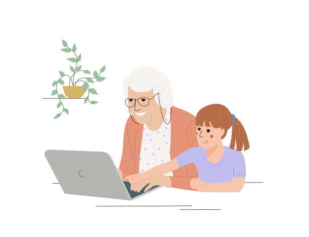 快乐的奶奶带着笔记本电脑。那位老妇人和她的孙女坐在电脑前。孙女与奶奶使用笔记本电脑社交网络在线交流概念图片下载
