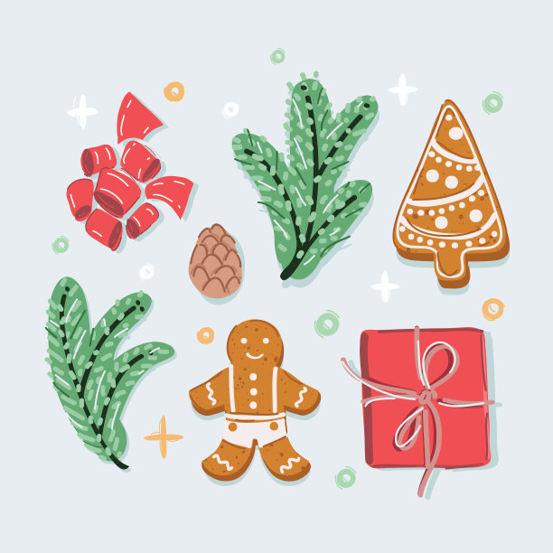 圣诞节的矢量插图集。新年的树枝，姜饼饼干赠送盒顶部视图白色的背景图片下载