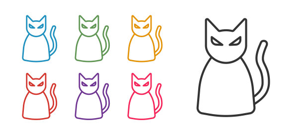 设置线黑猫图标孤立在白色背景。快乐的万圣节派对。设置图标丰富多彩。向量图片下载