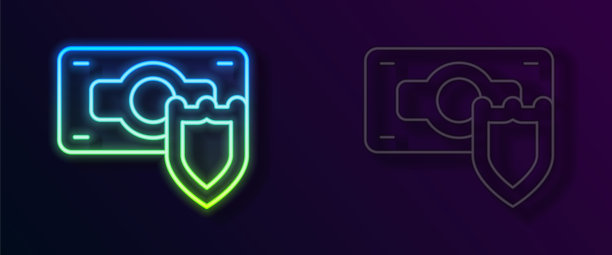 发光的霓虹灯线钱与盾牌图标孤立在黑色的背景。保险的概念。安全、安全、保护、保护的理念。向量图片下载