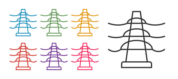 设置线用于支撑架空电源线图标的电力塔，隔离在白色背景上。高压电力线。设置图标丰富多彩。向量图片下载