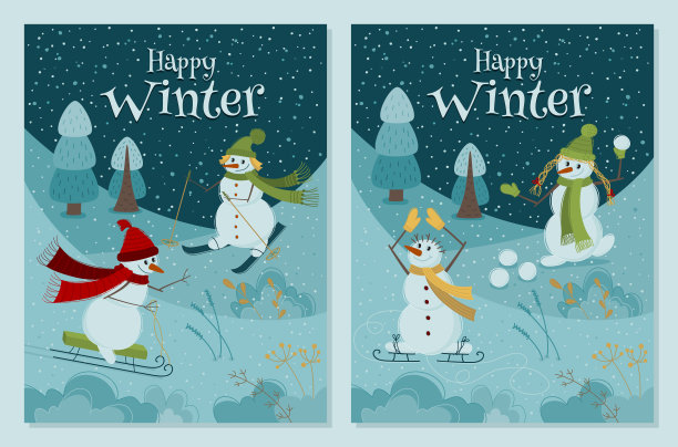 有趣的雪人玩冬天的游戏-一套卡片图片下载