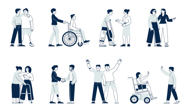 朋友。人,不同的关系。一男一女，坐轮椅的学生。主动残障人近期矢量特征图片下载