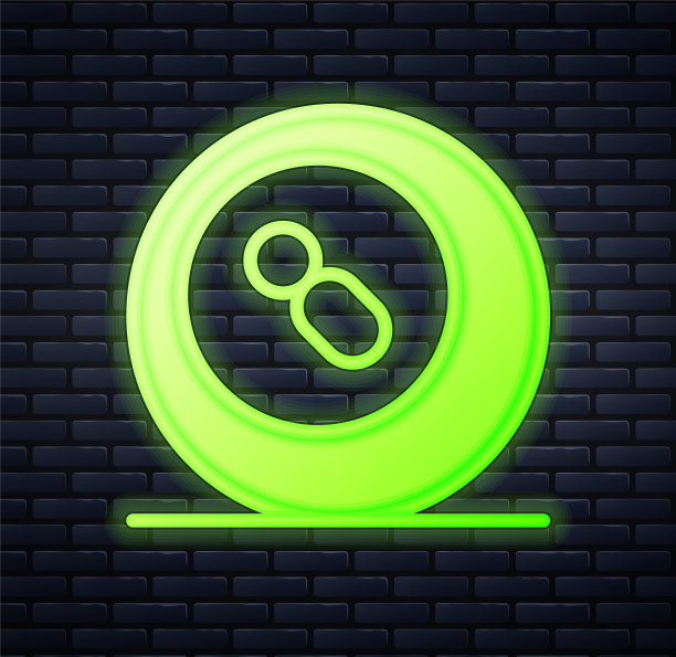 发光的霓虹灯台球台球与数字8图标孤立在砖墙的背景。向量图片下载