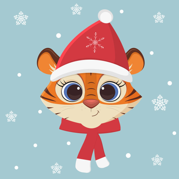 新年快乐，圣诞快乐。2022年虎年。可爱的老虎在圣诞帽和围巾的背景上雪花。卡通，平面风格，矢量图片下载
