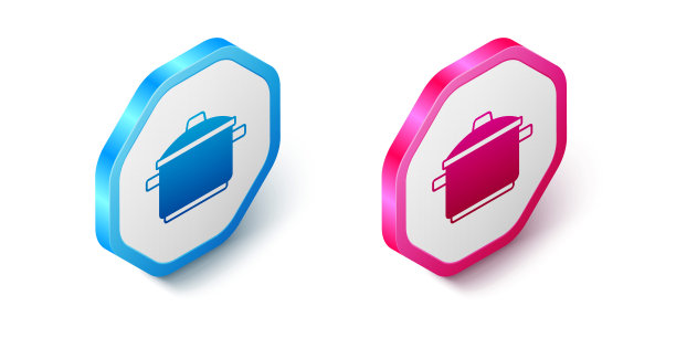 等距的烹饪锅图标孤立在白色的背景。煮或炖食物的标志。六角按钮。向量图片下载