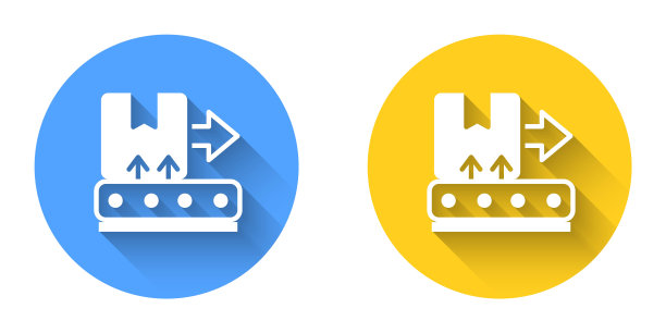 白色传送带与纸箱图标孤立与长阴影背景。圆按钮。向量图片下载