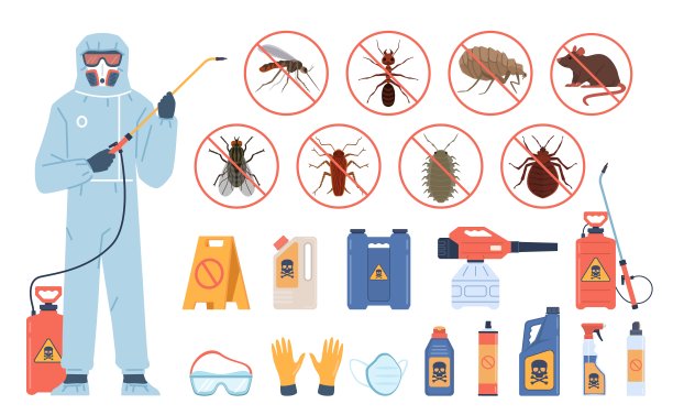 消毒服务。穿制服的人。抗化学物质。昆虫和啮齿动物控制工作人员与杀虫设备。专业的装备。媒介寄生虫消灭装置图片下载