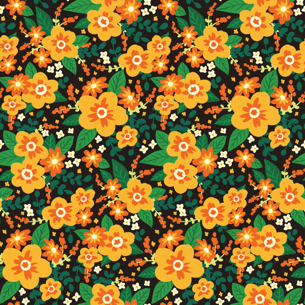 无缝打印简单的花束。花卉图案可爱的小花，叶子在黑暗的背景。草甸背景，孩子气的设计。向量。图片下载