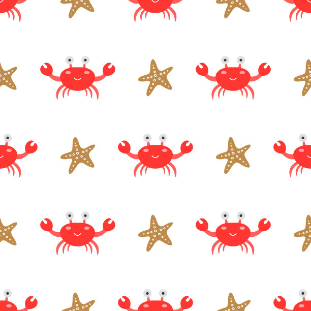可爱的蟹与海星，矢量无缝图案在平卡通风格图片下载