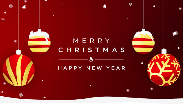 圣诞快乐，新年快乐背景与圣诞球和雪花飘落。现代抽象节日的节日背景图片下载
