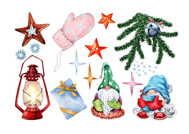新年套装斯堪的纳维亚小矮人，礼物信封，花环，铃铛，星星，灯笼，姜饼，冷杉枝。手绘水彩白色背景。图片下载