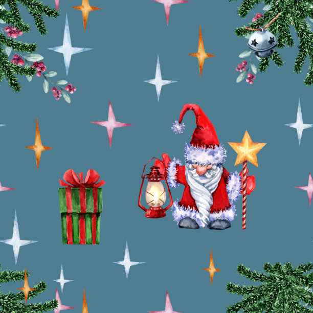 圣诞老人，礼品盒，蝴蝶结，圣诞树上的铃铛，冬日槲寄生枝。圣诞节的模式。圣诞节装饰手绘水彩与蓝色的背景。图片下载