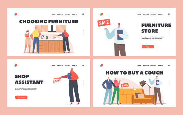 家庭购买家居用品登陆页面模板集。人物在顾问的帮助下在商店购买家具图片下载