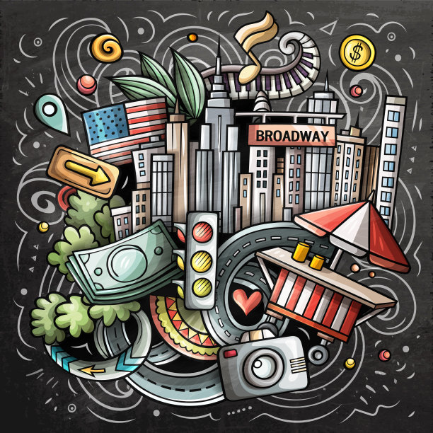 纽约卡通矢量涂鸦黑板插图图片下载