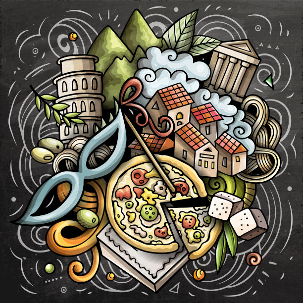 意大利卡通矢量涂鸦黑板插图图片下载