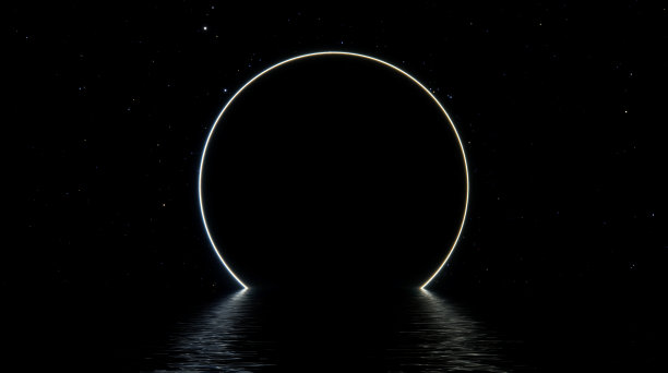 太空景幻门户圆门，星空霓虹门户宇宙映水海。穿越太空发光门户之门3D渲染之旅图片下载