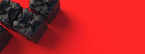 黑色星期五购物促销的最小概念。礼品用黑色丝带蝴蝶结上红色。三维演示图片下载