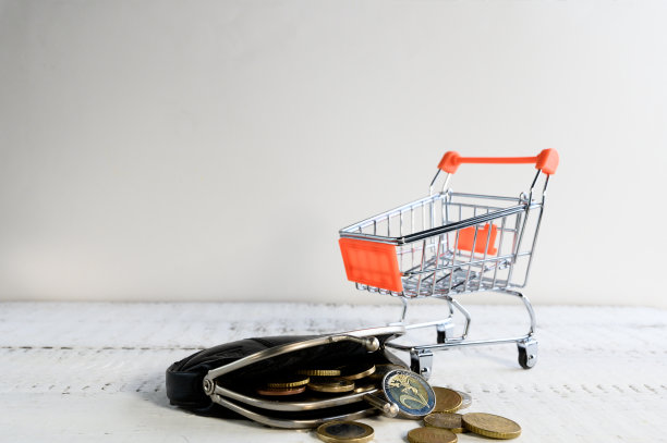 购物车旁边有钱包和欧元。金融和购物理念。为了一个目的存钱。精明购物和省钱的概念。图片下载