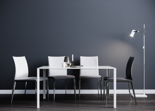 现代室内设计的房间有桌子和白色的椅子，灰色的墙壁，厨房，餐厅的概念，餐厅内部背景，3d渲染图片下载