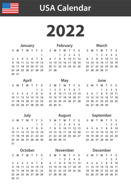 2022年美国日历。调度程序，议程或日记模板。一周从周日开始图片下载