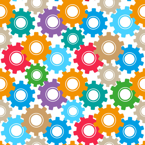 明亮的彩色多色齿轮孤立在白色的背景。可爱的无缝模式。矢量平面图形说明。纹理。图片下载