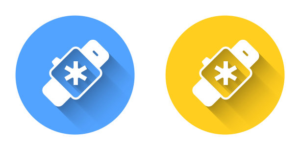 白色智能手表显示心跳率图标孤立与长阴影背景。健身应用程序的概念。圆按钮。向量图片下载