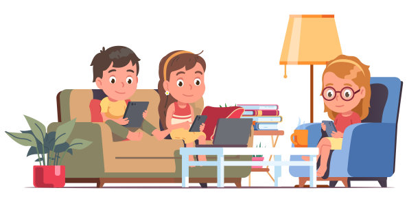 孩子小聚会。女孩，男孩群体使用手机，平板电脑，笔记本电脑坐在家里的沙发和扶手椅消费内容。现代人屏幕成瘾问题平矢量人物插图图片下载
