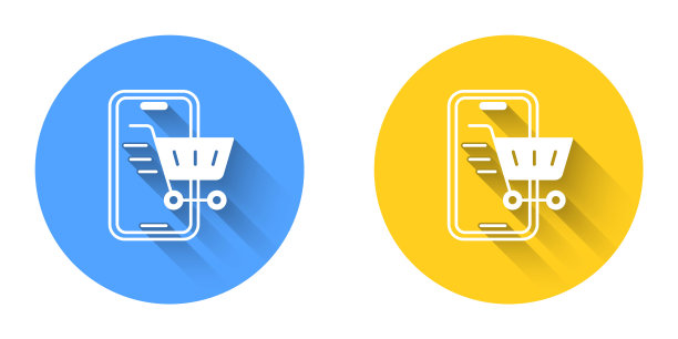 白色的手机和购物车图标与长阴影背景隔离。网上购物的象征。超市篮的象征。圆按钮。向量图片下载