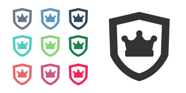 黑盾与皇冠图标孤立的白色背景。设置图标丰富多彩。向量图片下载