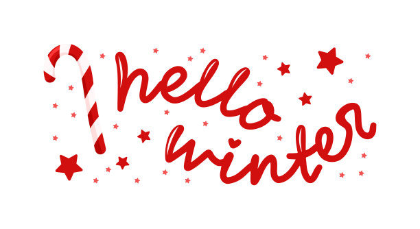 水平字母你好冬天与糖果藤和星星。手绘报价图片下载
