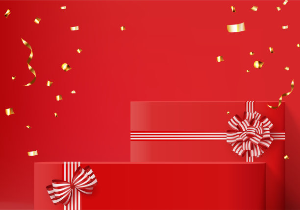 圣诞节3d最小渲染场景与礼品盒和讲台平台。圣诞节背景向量3d与红色讲台。站着展示产品。新年3d展示台上的台座红色图片下载