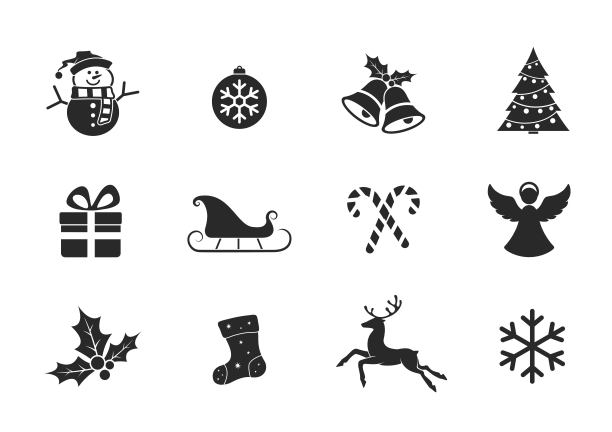 圣诞节的图标集。圣诞球和铃铛，槲寄生，礼物，天使和鹿，雪人和雪花图标图片下载