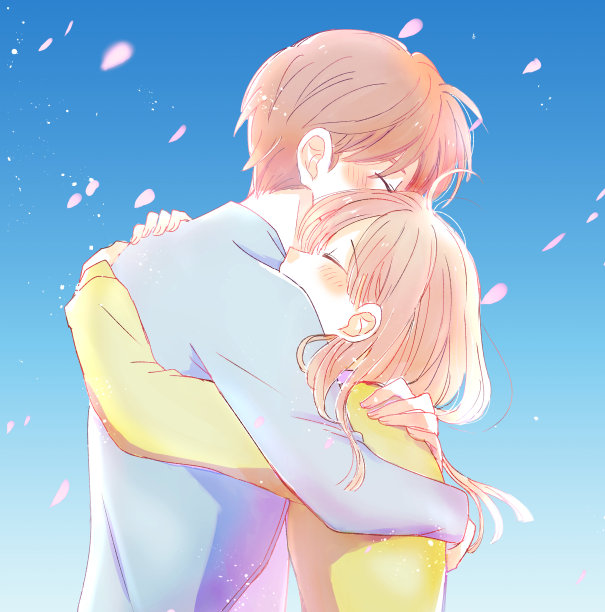 男男女女在漫天樱花中互相拥抱图片下载