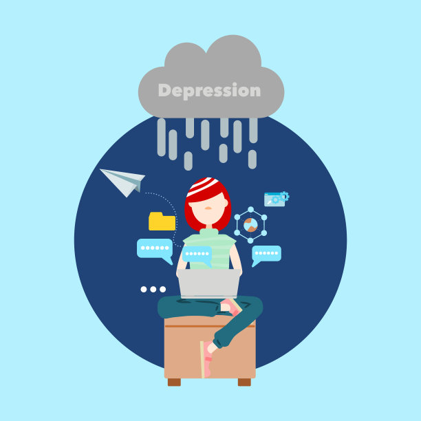 来自工作和社交媒体的抑郁症。平面设计矢量插图。图片下载