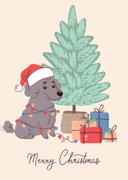 可爱的狮子狗戴着圣诞老人的帽子出现在圣诞贺卡上。矢量贺卡在扁平的风格与字母圣诞快乐图片下载