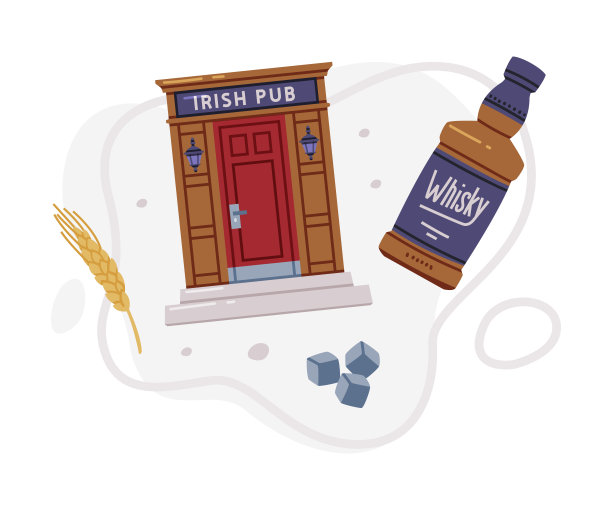 威士忌饮料在玻璃瓶，大麦小穗和爱尔兰酒吧矢量组成图片下载